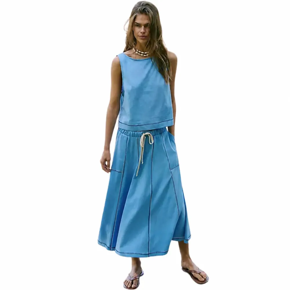 Women's Sleeveless Crop Top Midi Skirt Two Piece Set