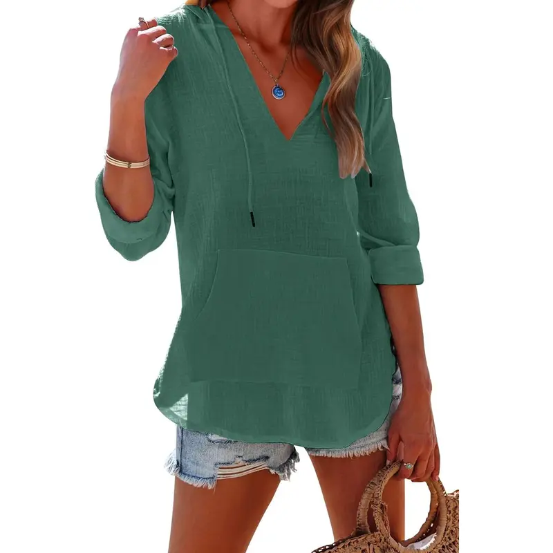 Women's Beach Cover Up hoodies sweatshirt Long Sleeve V-Neck Pocketed Hooded Shirt Top Casual Womenswear
