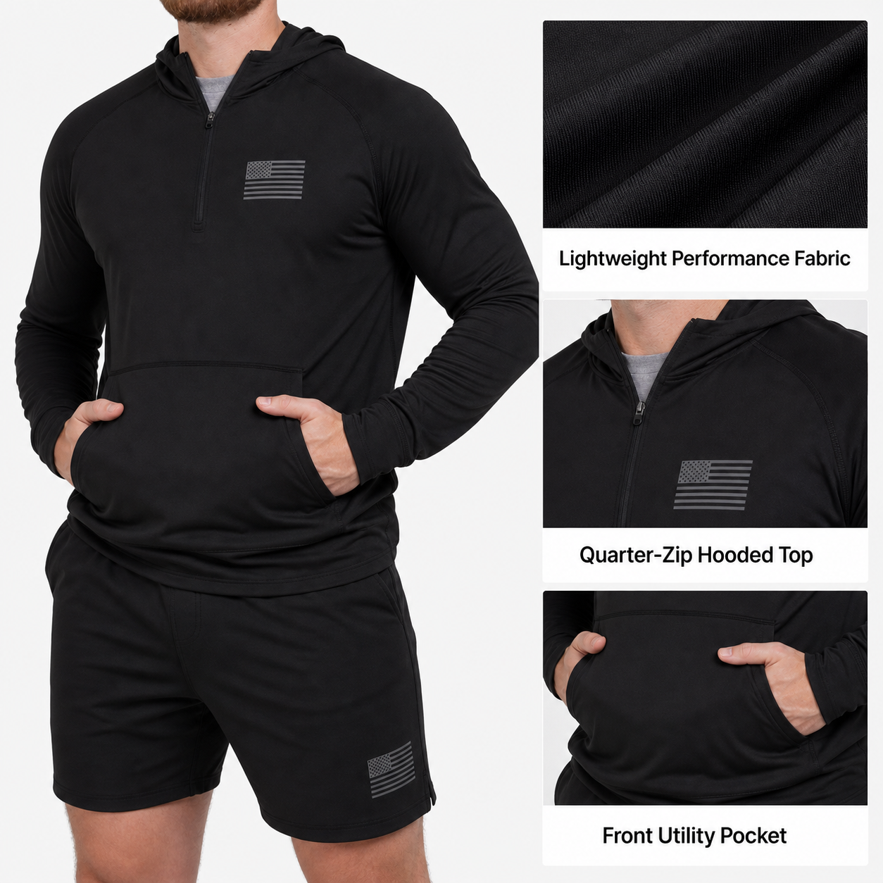 Lightweight fabric quarter-zip hood and front pocket detail image