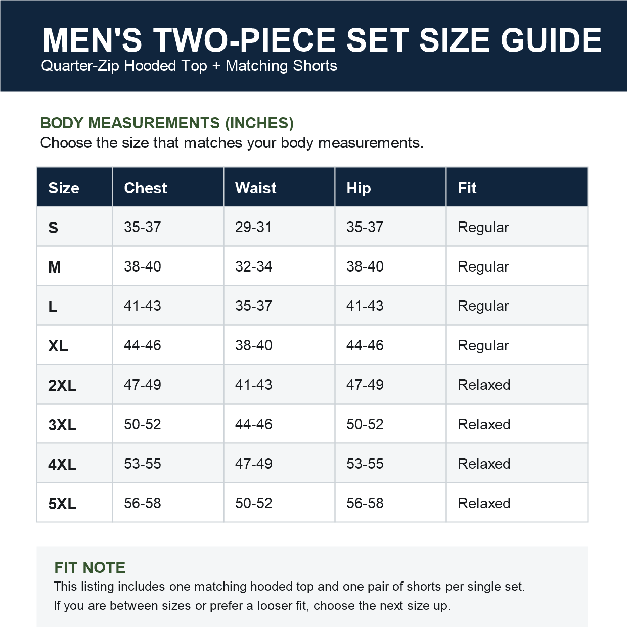 Men's two-piece hoodie and shorts set size guide