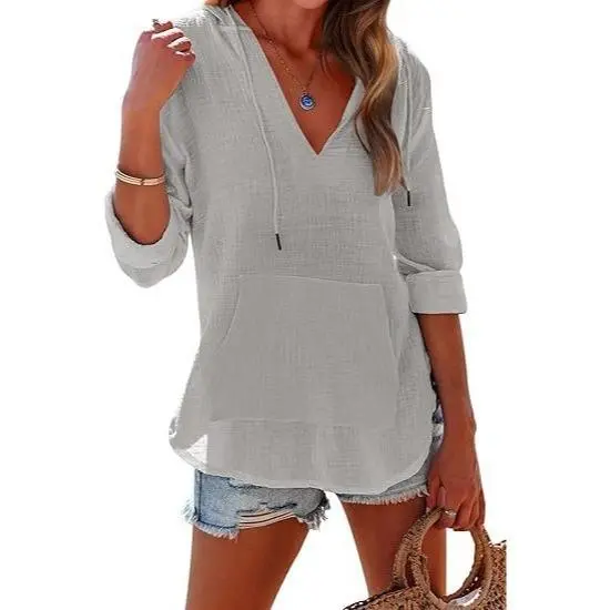 Women's Beach Cover Up hoodies sweatshirt Long Sleeve V-Neck Pocketed Hooded Shirt Top Casual Womenswear