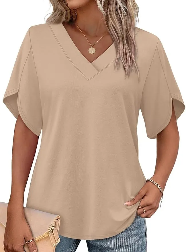 Women's V‐Neck Petal Short Sleeve Summer Top