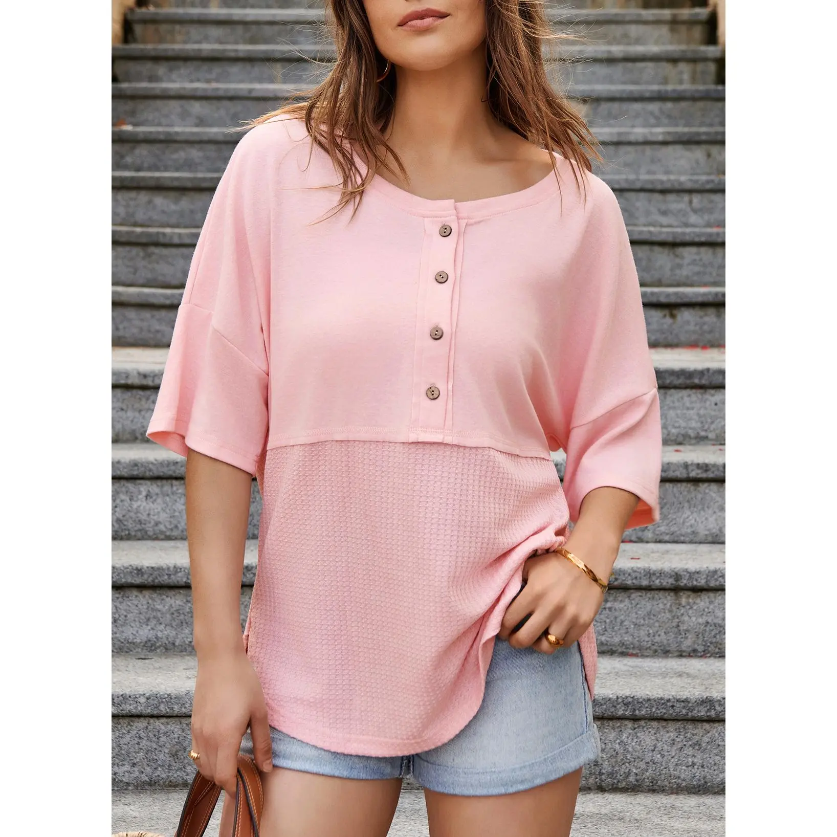 Womens Waffle Knit Tops 3/4 Sleeve Casual Button Down Shirts Crew Neck Oversized Patchwork Blouses