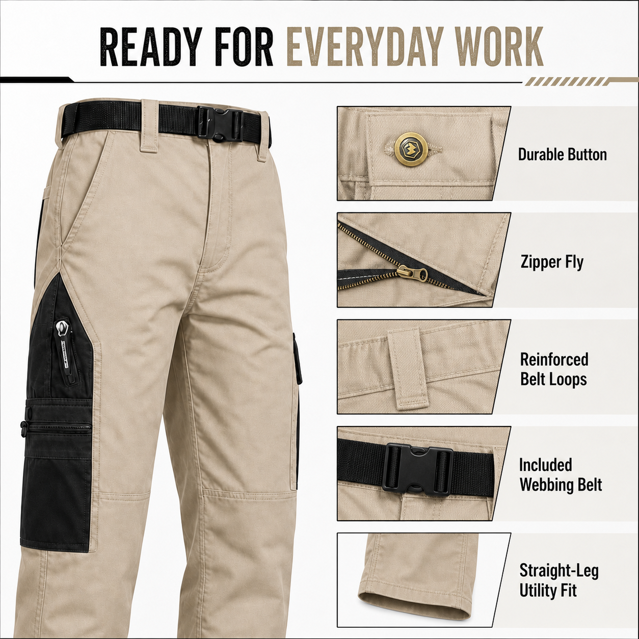 Tactical cargo pants closure belt and fit detail image