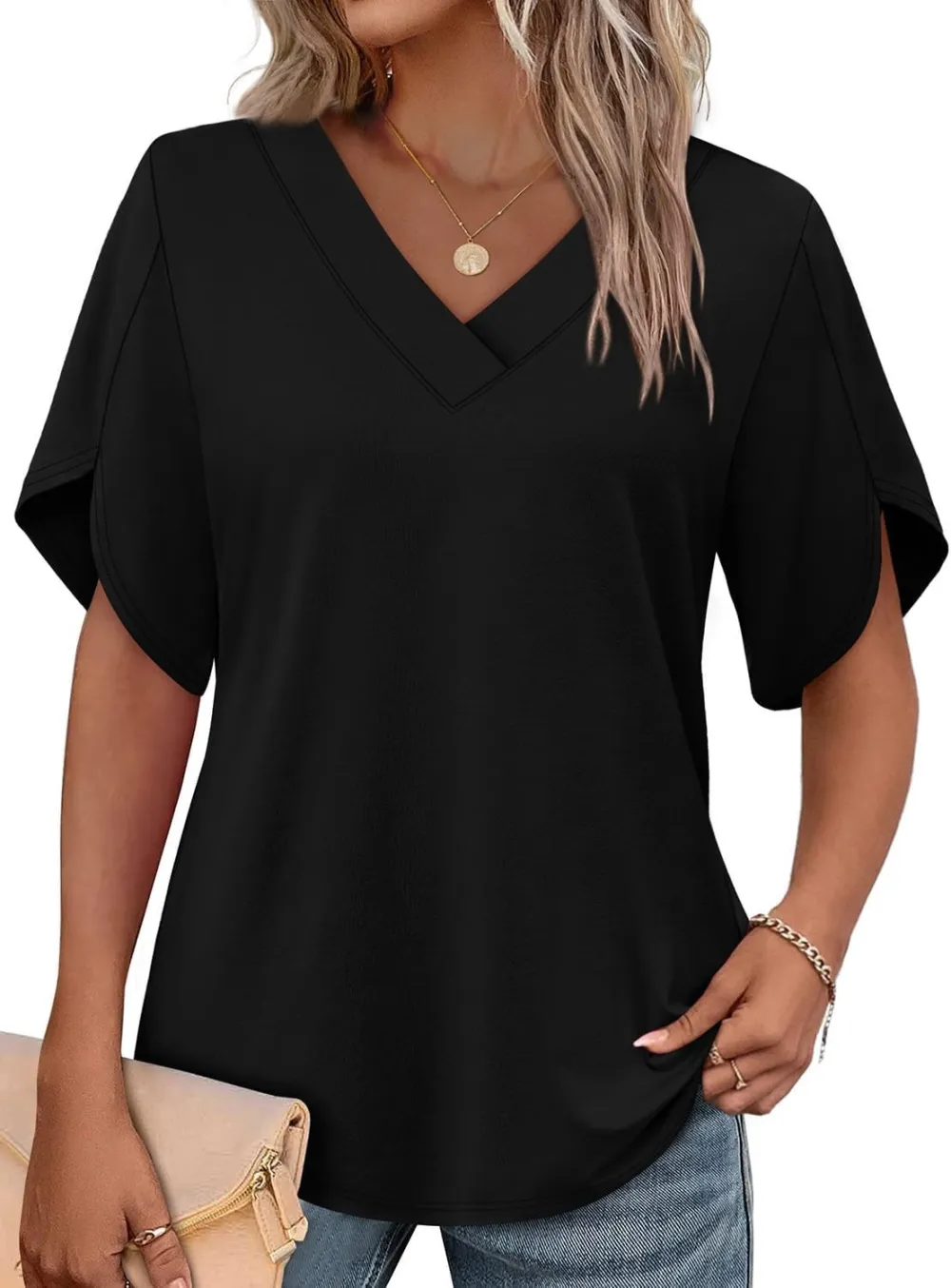 Women's V‐Neck Petal Short Sleeve Summer Top