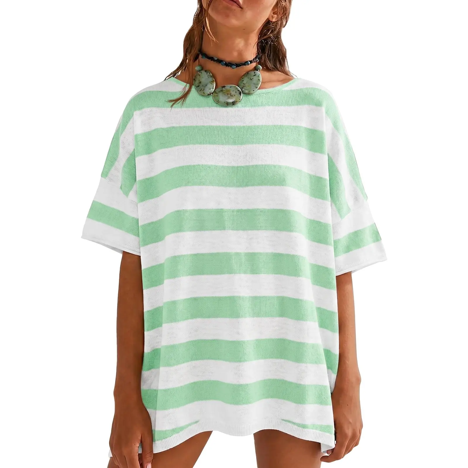 Women's Oversized T Shirts Casual Summer Crew Neck Loose Dropped Short Sleeve Side Slit Hem Blouse Tunic Tops Sweater Tee