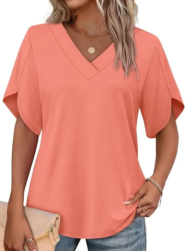 Women's V‐Neck Petal Short Sleeve Summer Top