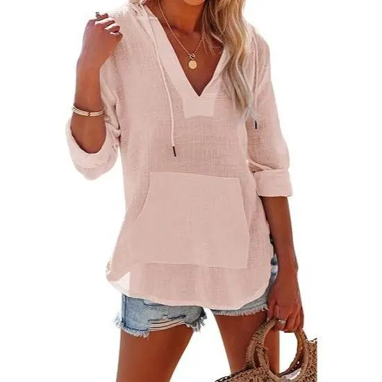 Women's Beach Cover Up hoodies sweatshirt Long Sleeve V-Neck Pocketed Hooded Shirt Top Casual Womenswear