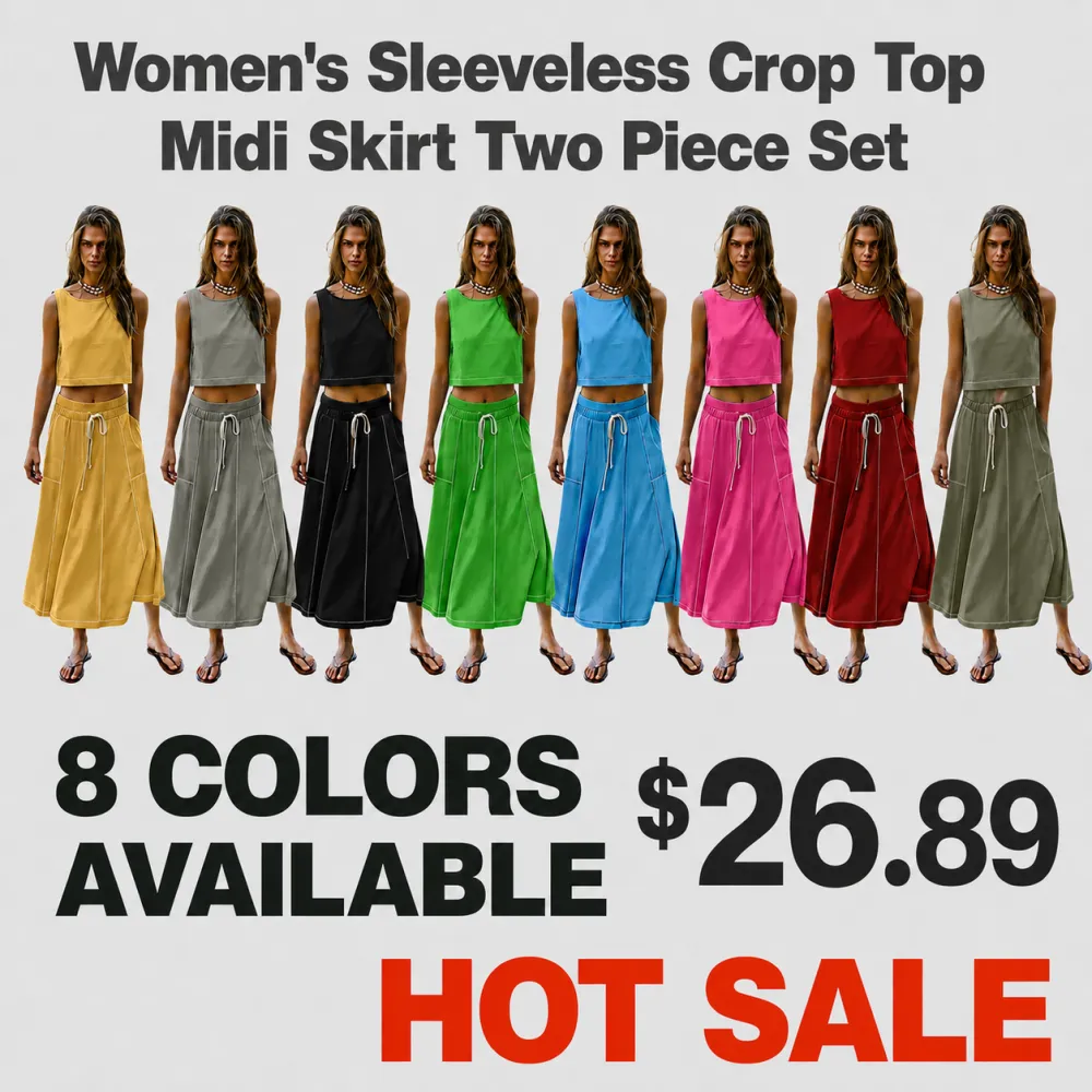 Women's Sleeveless Crop Top Midi Skirt Two Piece Set