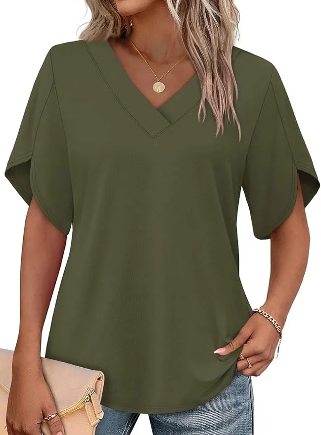 Women's V‐Neck Petal Short Sleeve Summer Top