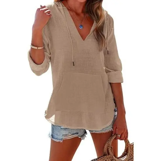 Women's Beach Cover Up hoodies sweatshirt Long Sleeve V-Neck Pocketed Hooded Shirt Top Casual Womenswear