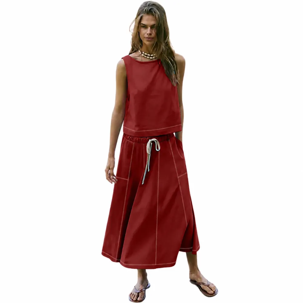 Women's Sleeveless Crop Top Midi Skirt Two Piece Set