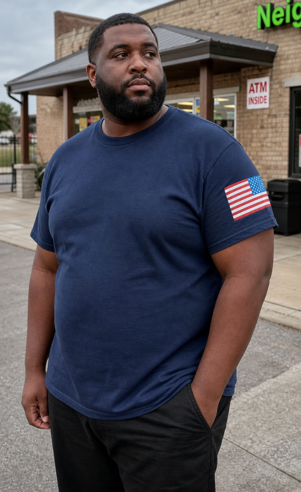 AI style inspiration wearing Navy flag sleeve work shirt
