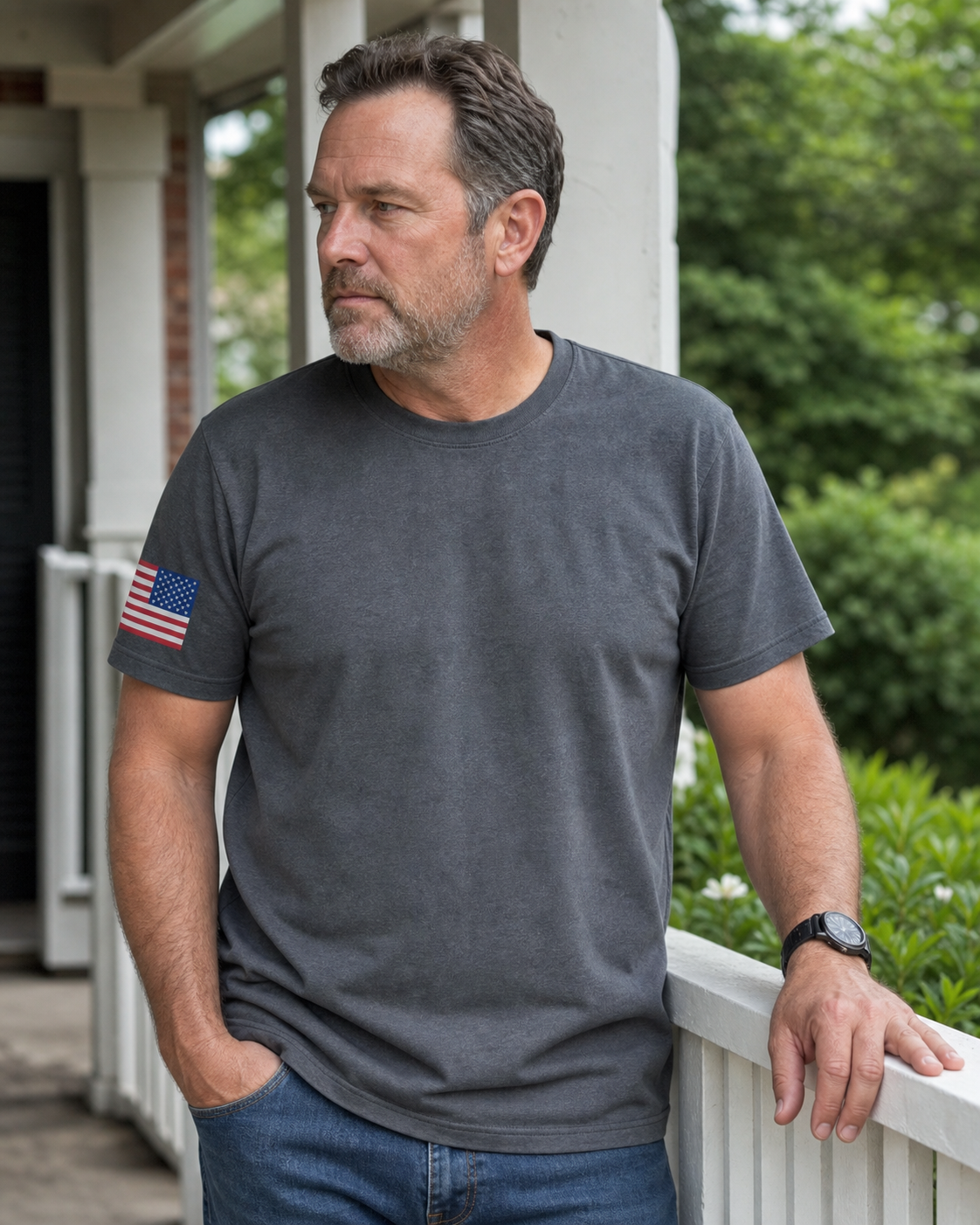 AI style inspiration wearing Charcoal flag sleeve work shirt