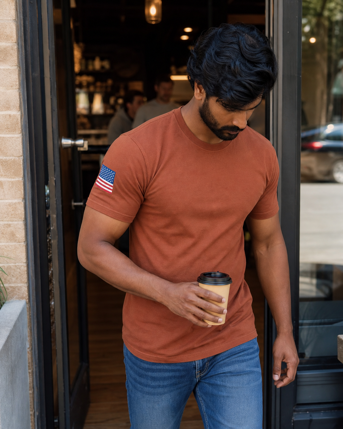 AI style inspiration wearing Rust Brown flag sleeve work shirt