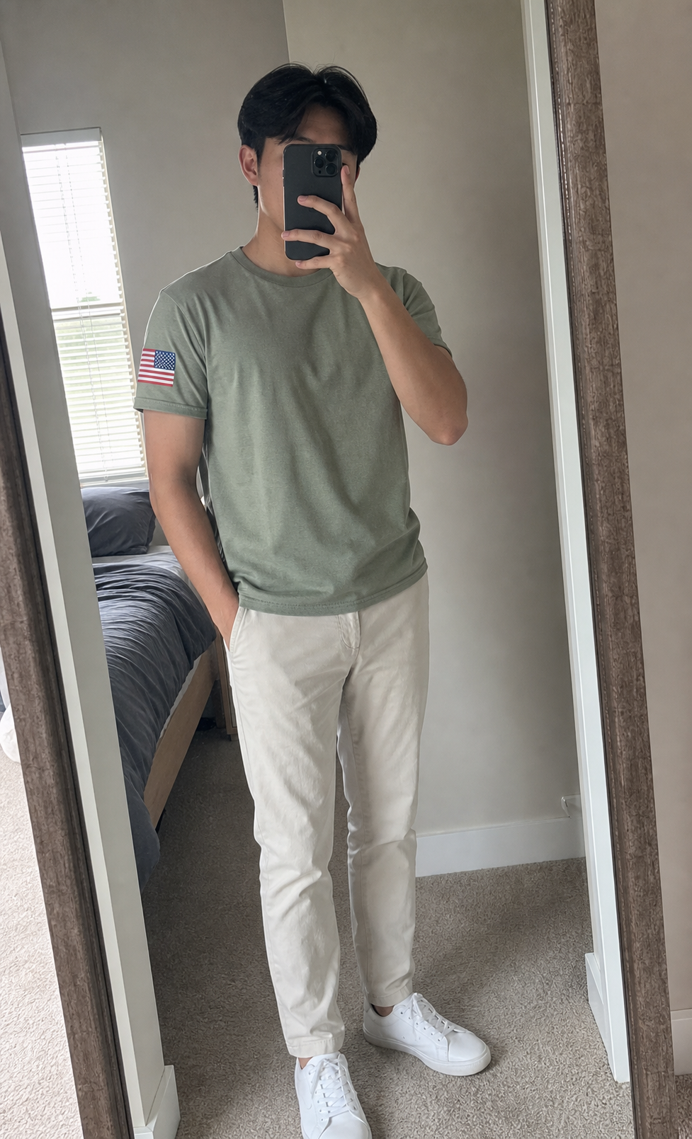 AI style inspiration wearing Sage Green flag sleeve work shirt