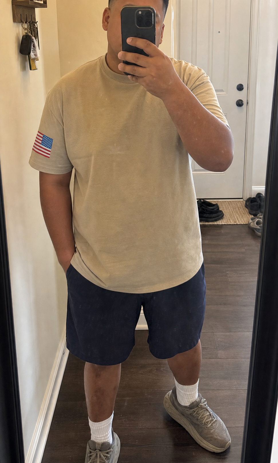 AI style inspiration wearing Khaki flag sleeve work shirt