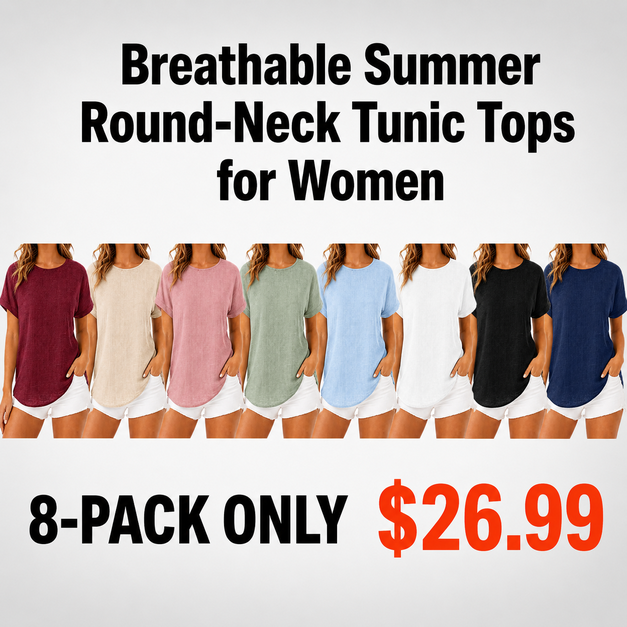 Breathable Summer Round-Neck Tunic Tops for Women | 8-Pack / 16-Pack Bundle Deal | Lightweight Loose Fit Casual Vacation Blouse