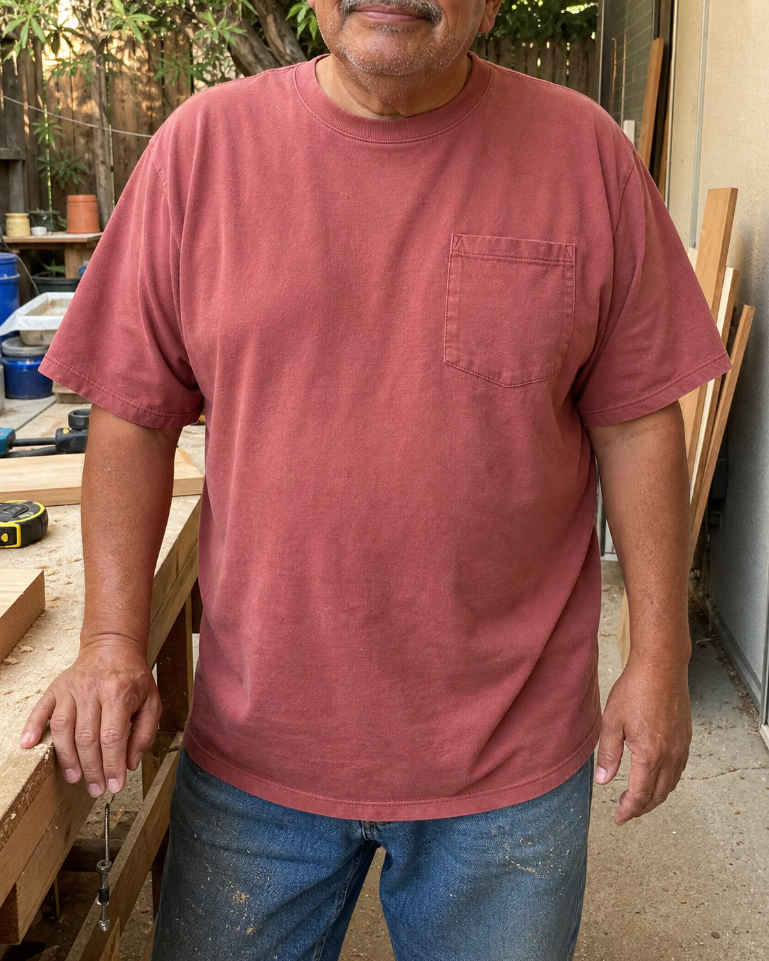 AI style inspiration wearing a Faded Red heavyweight pocket T-shirt during a backyard woodworking project