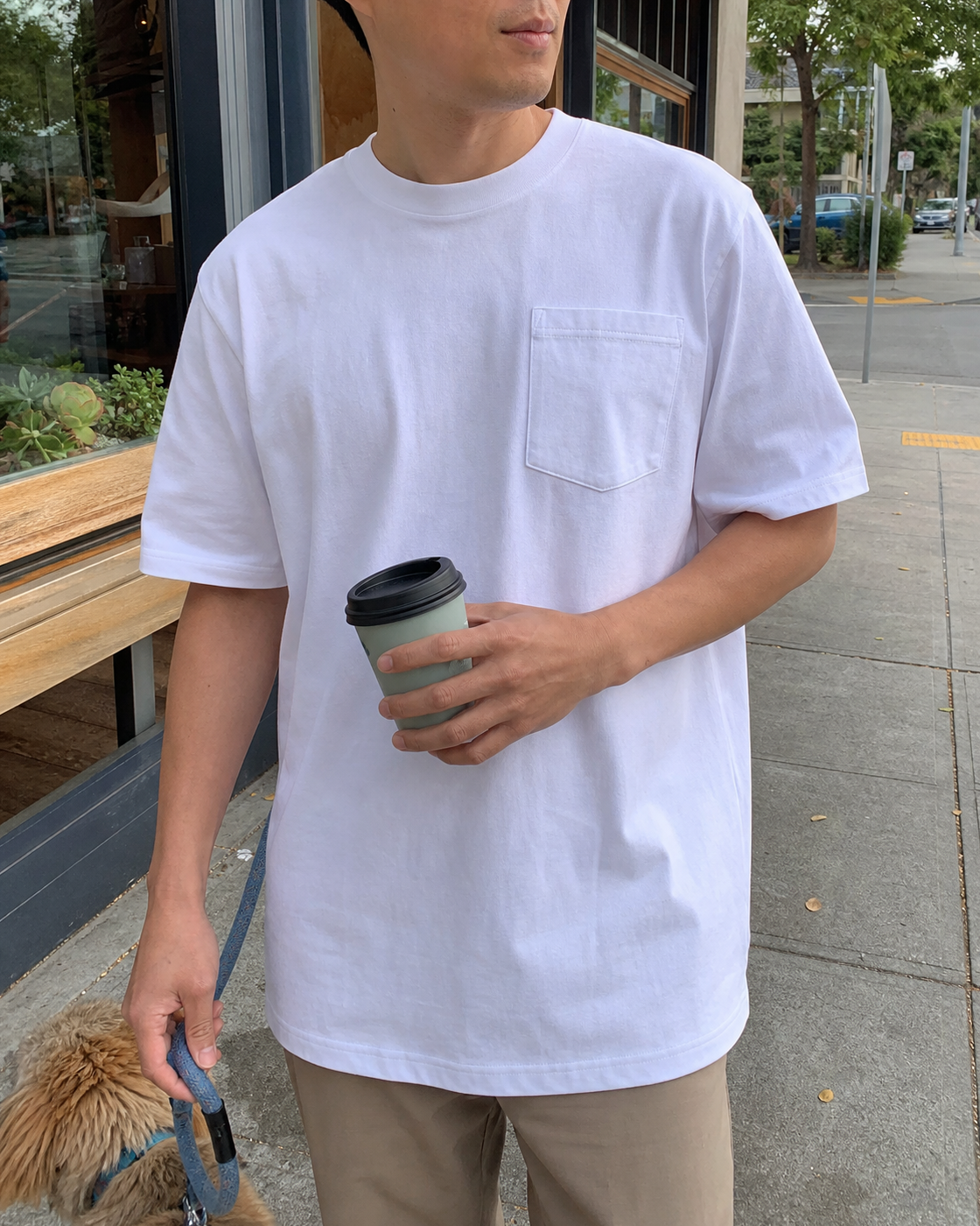 AI style inspiration wearing a White heavyweight pocket T-shirt during a neighborhood coffee stop and dog walk