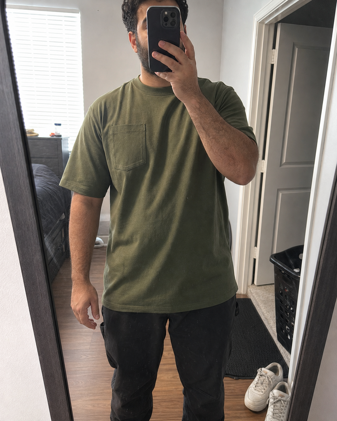 AI style inspiration mirror fit wearing an Olive heavyweight pocket T-shirt at home