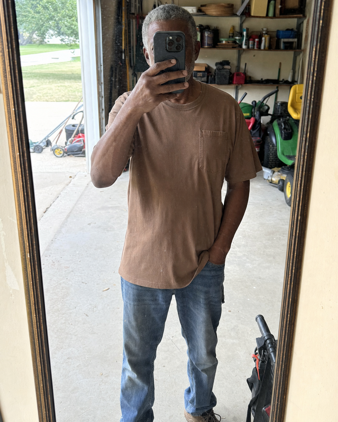 AI style inspiration garage mirror fit wearing a Brown heavyweight pocket T-shirt