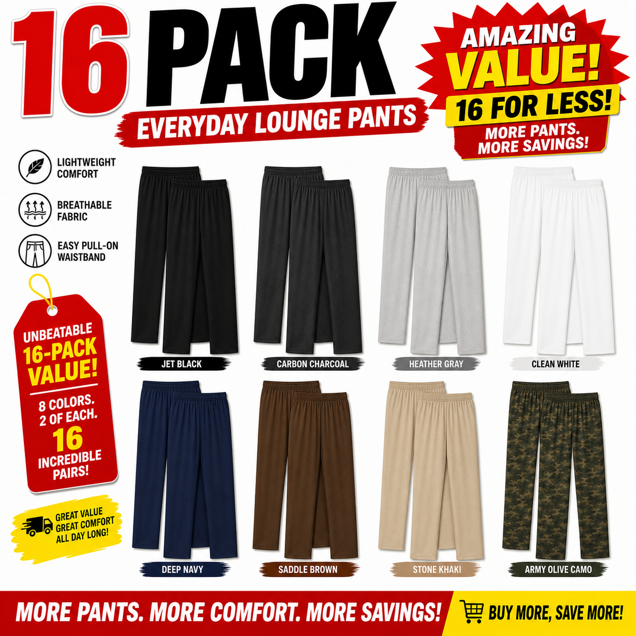 Value Bundle 8-Pack Men's Lightweight Elastic-Waist Straight-Leg Lounge Pants, Breathable Relaxed Casual Fit