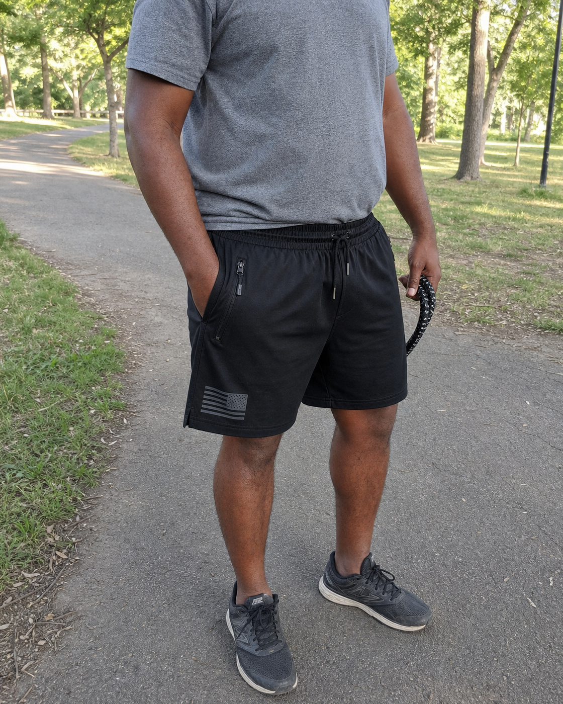 AI style inspiration wearing Black tactical athletic shorts at a US park