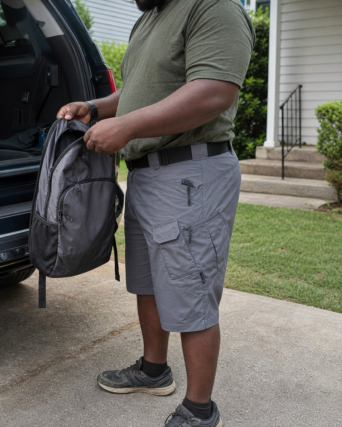 AI style inspiration wearing Gray tactical cargo shorts