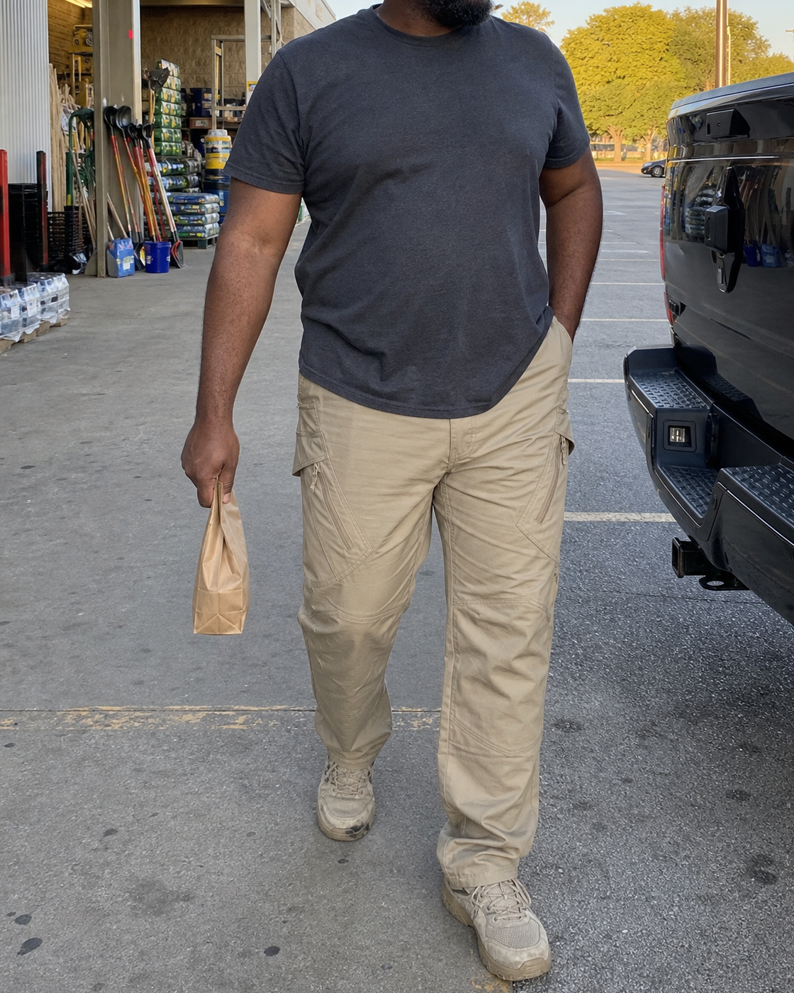 AI style inspiration wearing Khaki lightweight cargo work pants outside a hardware store