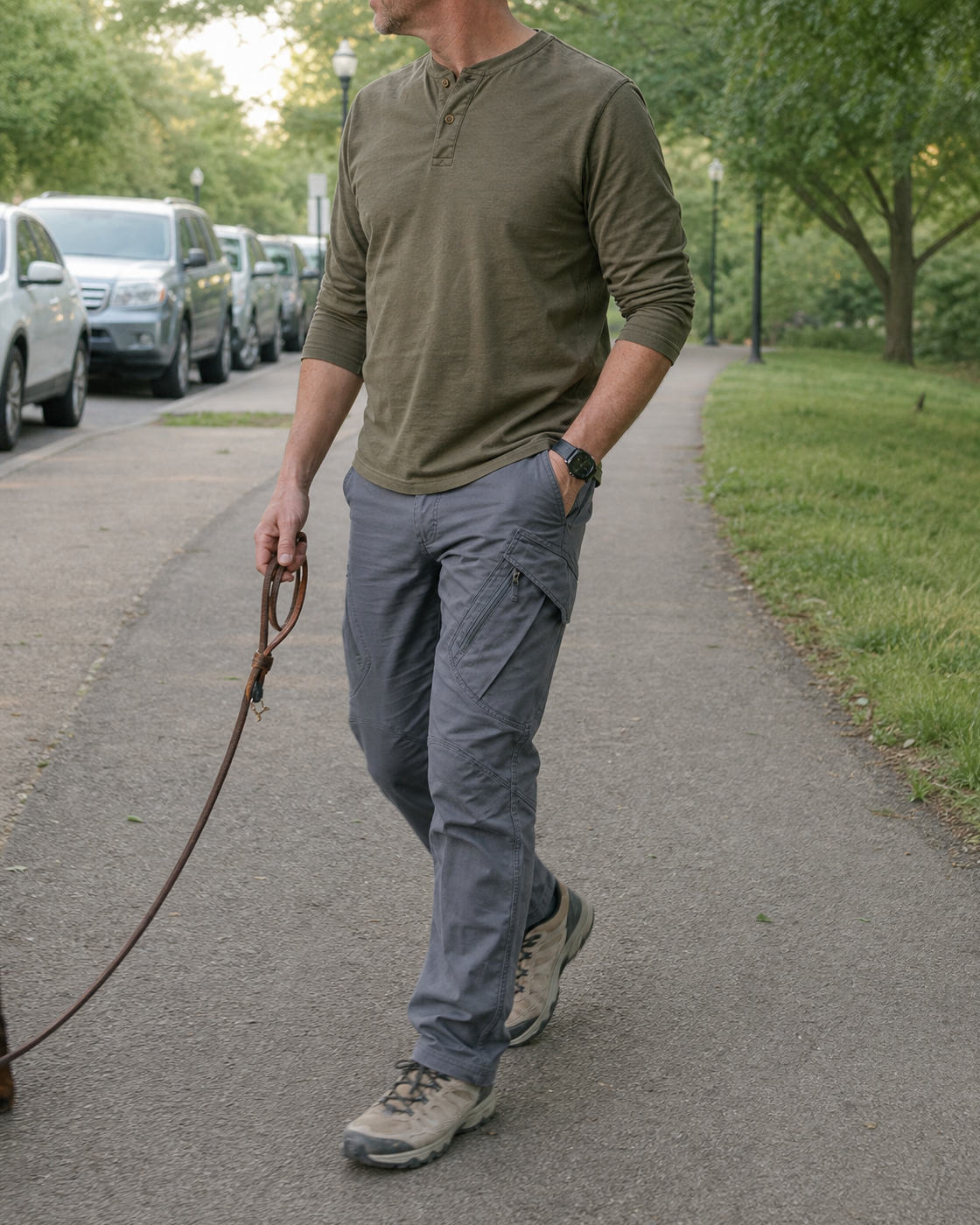 AI style inspiration wearing Slate Gray lightweight cargo work pants on a dog walk