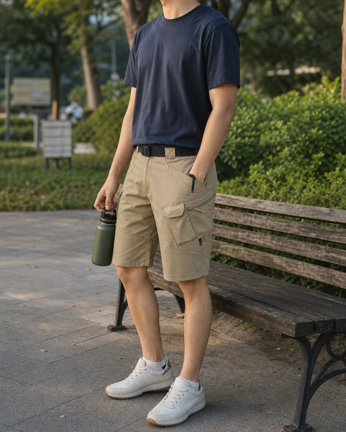 AI style inspiration wearing Khaki tactical cargo shorts