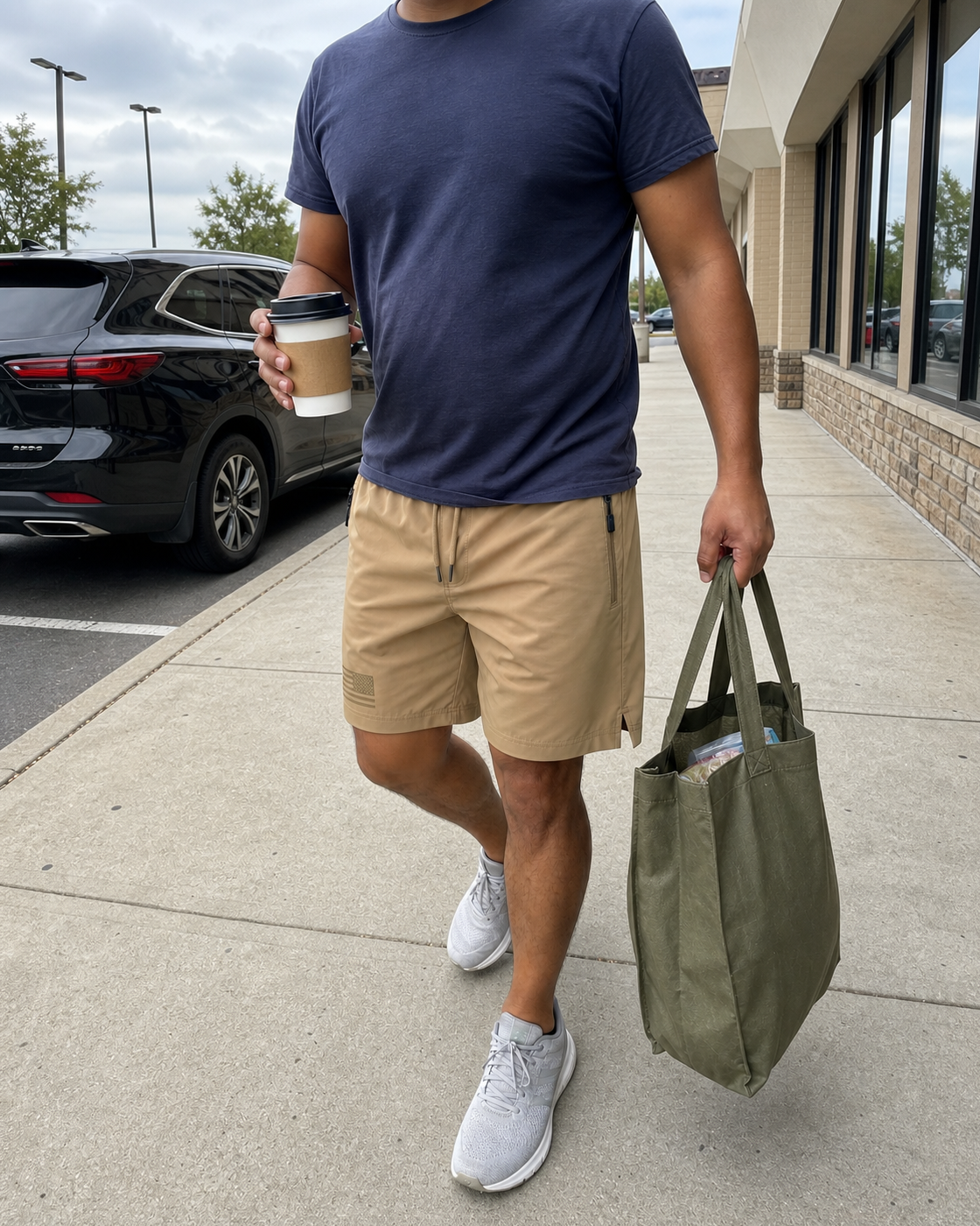 AI style inspiration wearing Khaki tactical athletic shorts on a grocery run