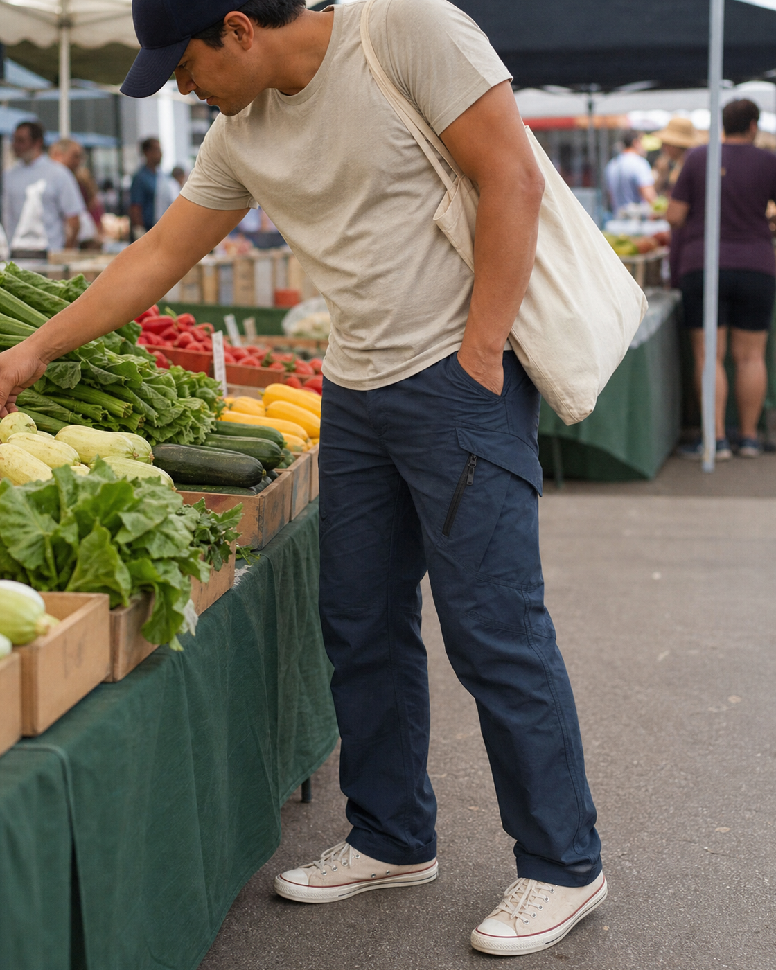 AI style inspiration wearing Navy lightweight cargo work pants at a farmers market