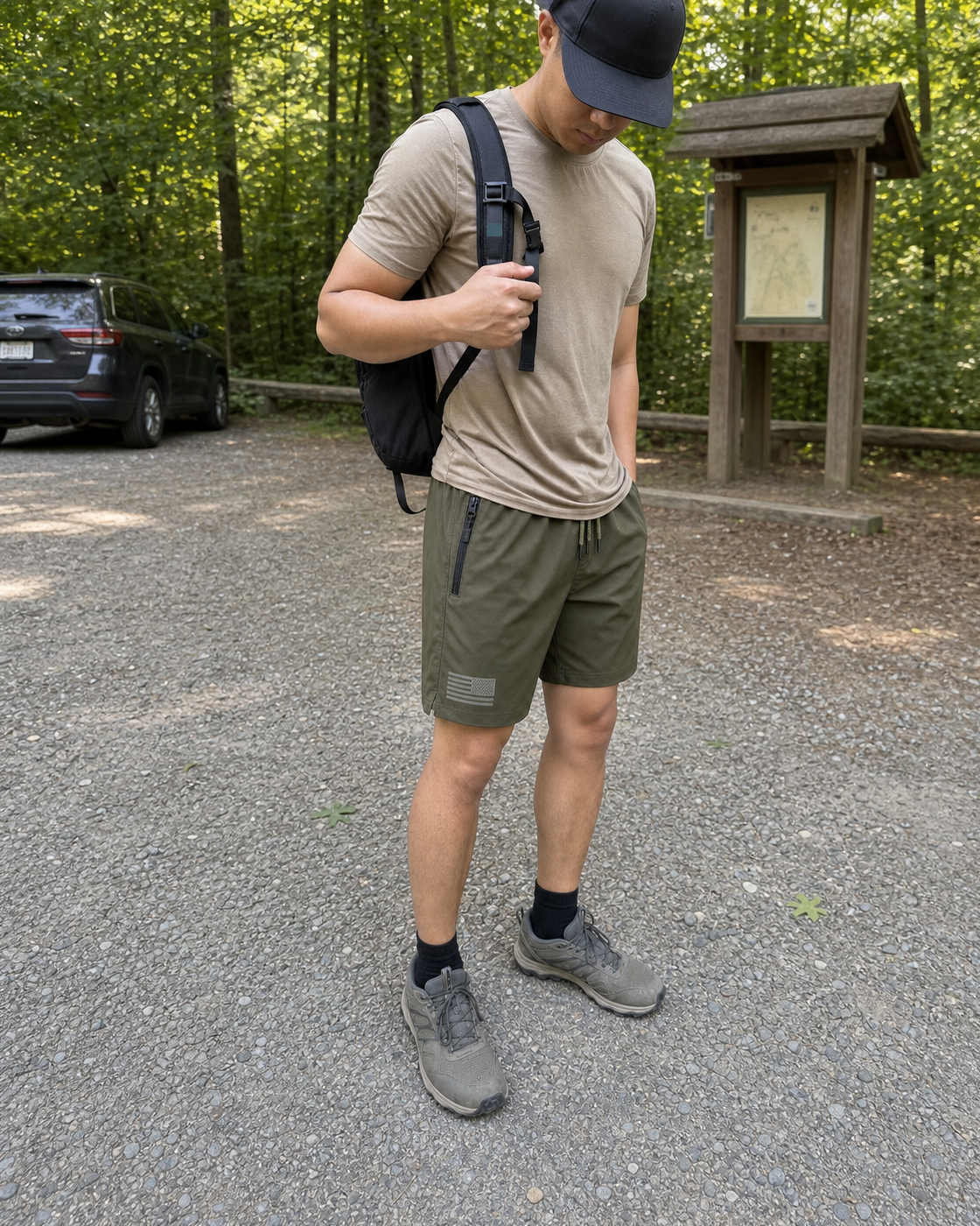 AI style inspiration wearing Olive tactical athletic shorts at a US trailhead