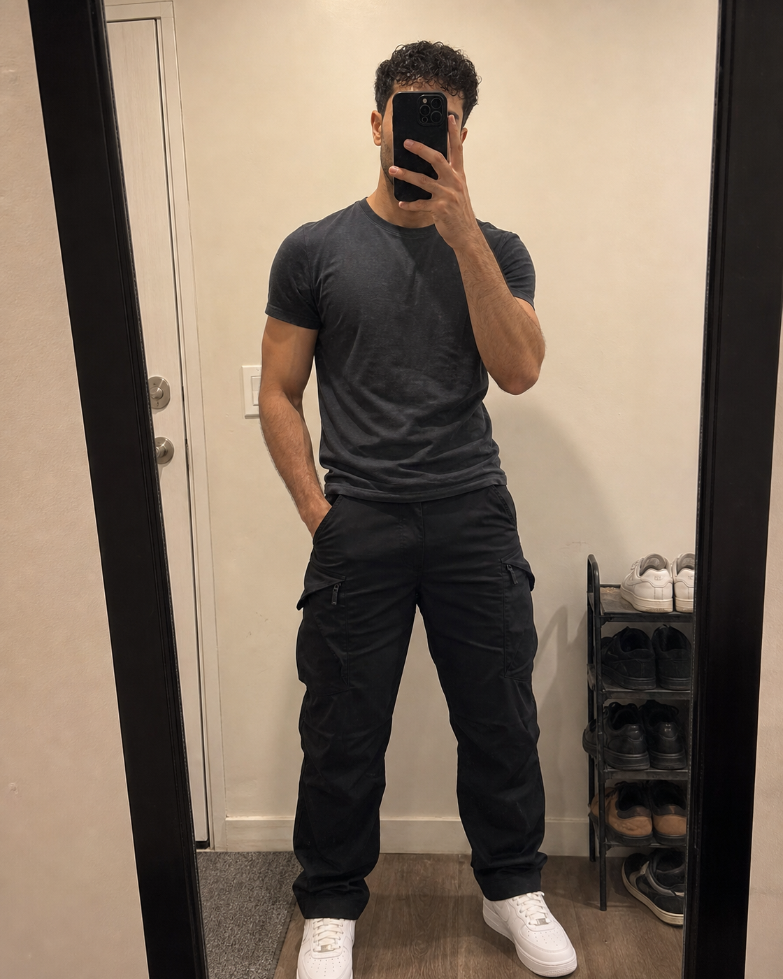 AI style inspiration mirror fit wearing Black lightweight cargo work pants