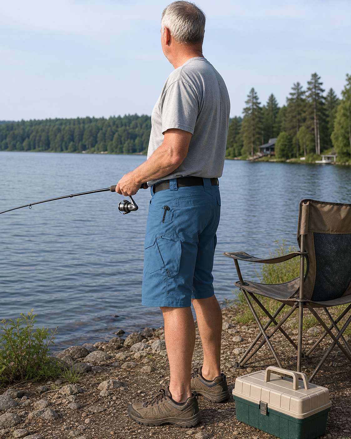 AI style inspiration wearing Blue tactical cargo shorts by a lake