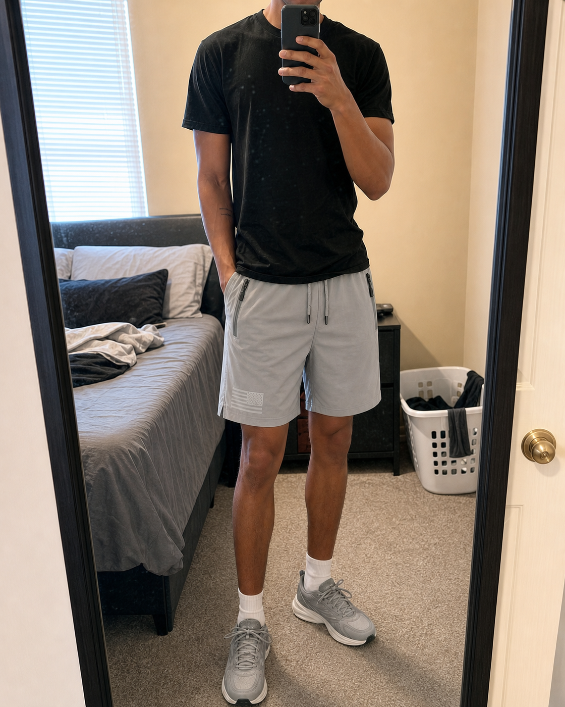AI style inspiration mirror fit wearing Light Gray tactical athletic shorts