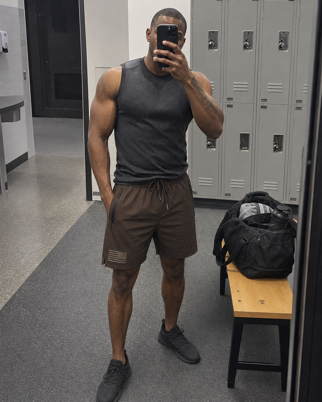AI style inspiration mirror fit wearing Dark Brown tactical athletic shorts
