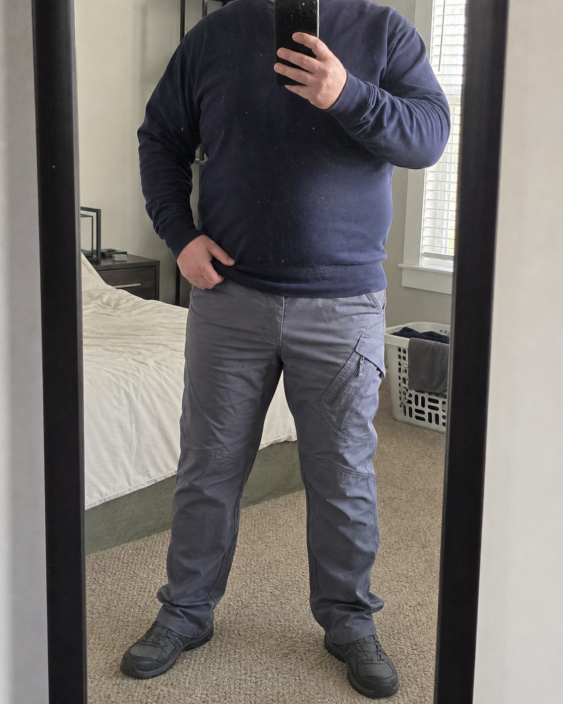 AI style inspiration broader-build mirror fit wearing Slate Gray lightweight cargo work pants