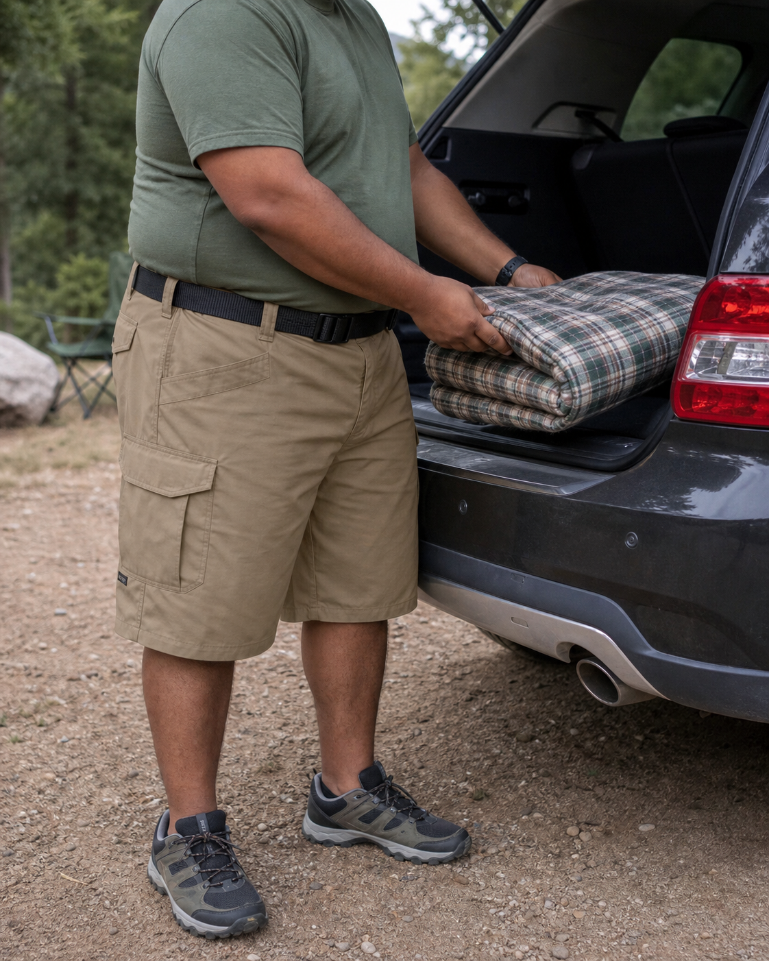 AI style inspiration wearing Light Brown tactical cargo shorts at a campsite