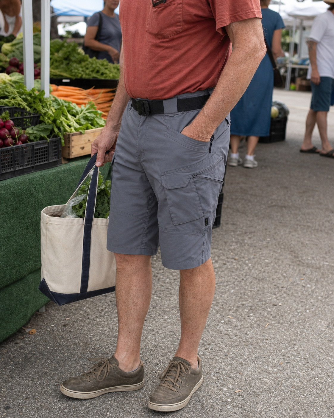AI style inspiration wearing Gray tactical cargo shorts at a market