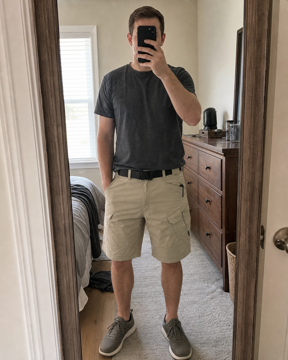 AI style inspiration mirror fit wearing Khaki tactical cargo shorts