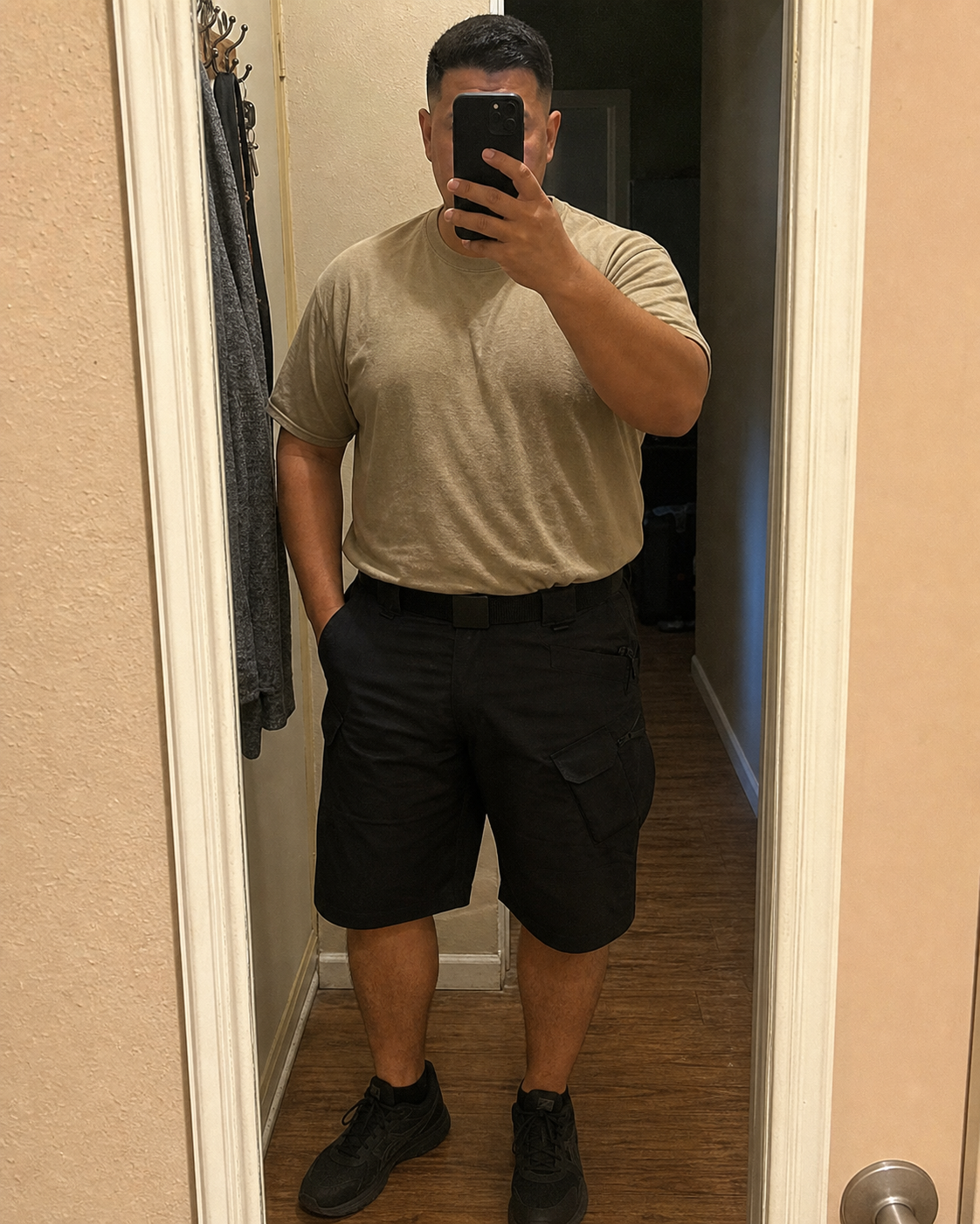 AI style inspiration mirror fit wearing Black tactical cargo shorts