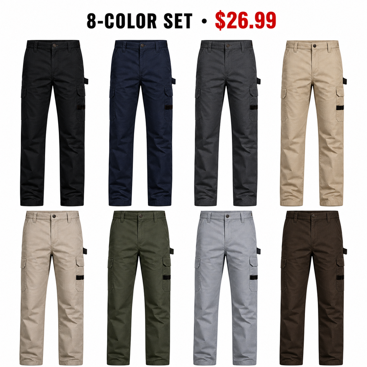 8-Color Set showing exactly Black, Navy, Charcoal, Khaki, Stone, Olive Green, Light Gray, and Dark Brown