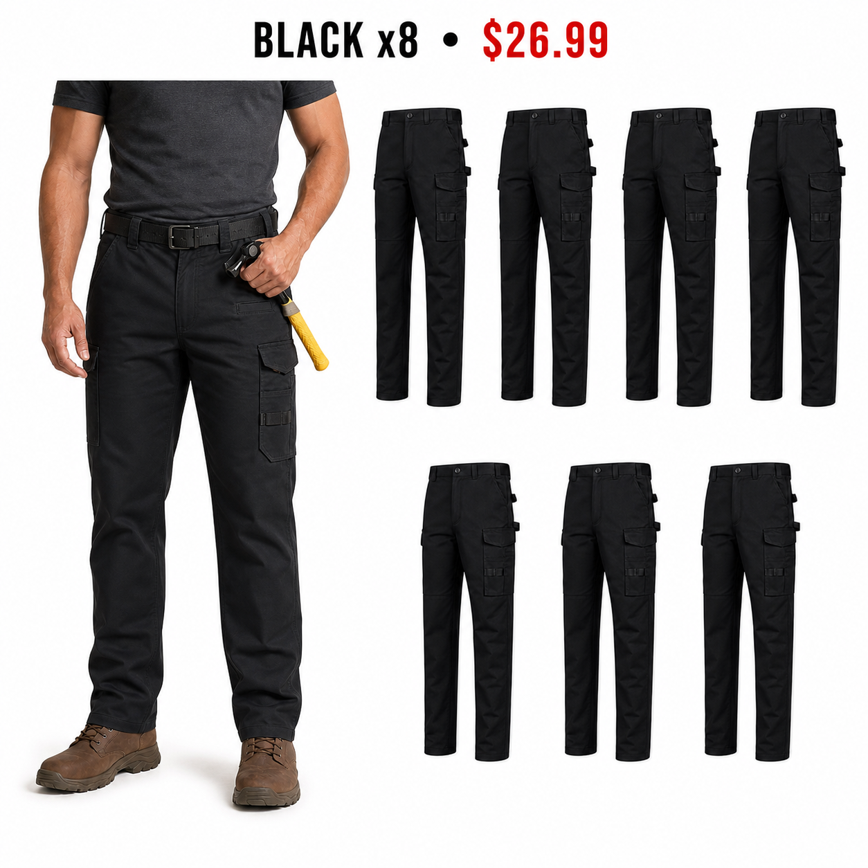 Black x8 same-color work pants set showing exactly eight Black pants