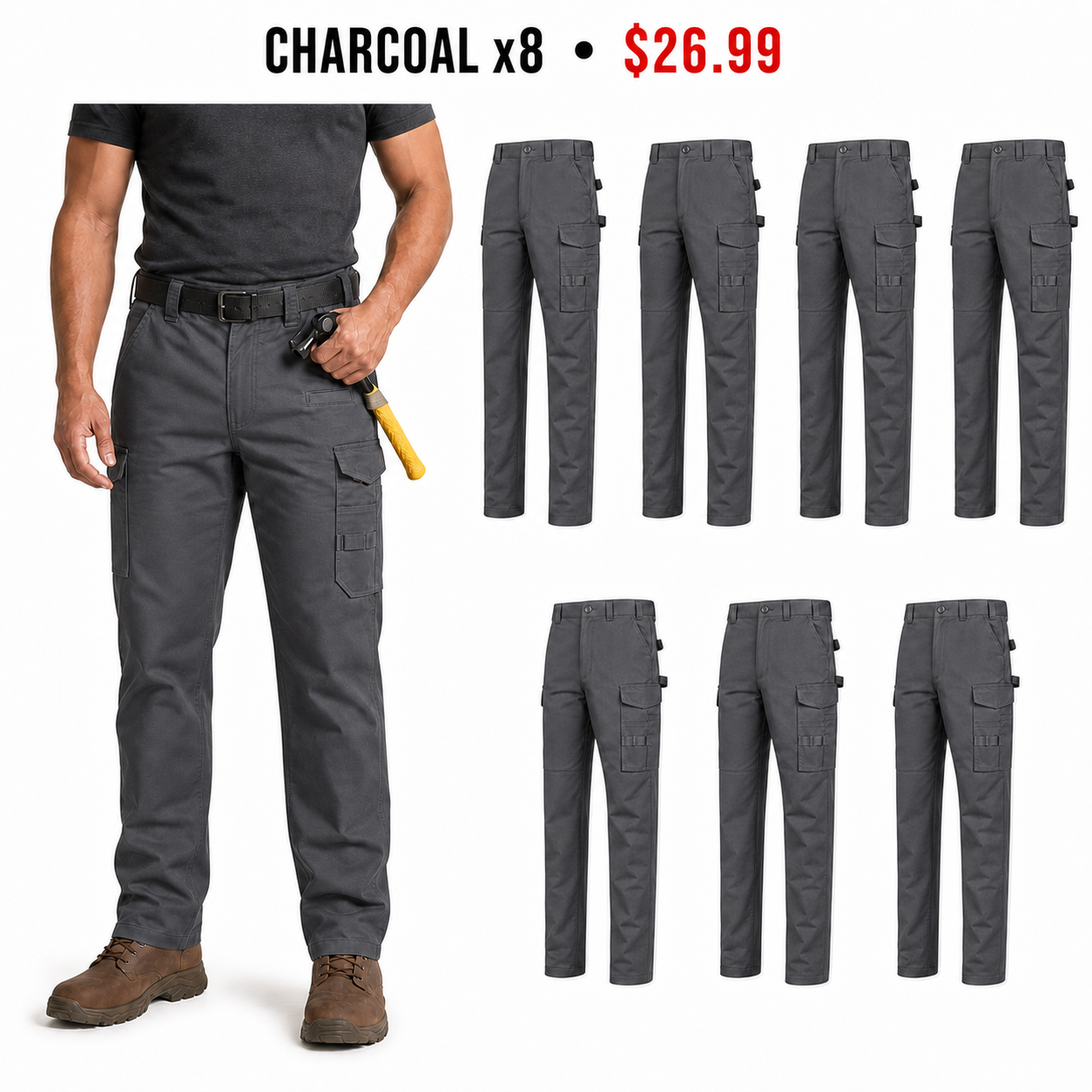 Charcoal x8 same-color work pants set showing exactly eight Charcoal pants