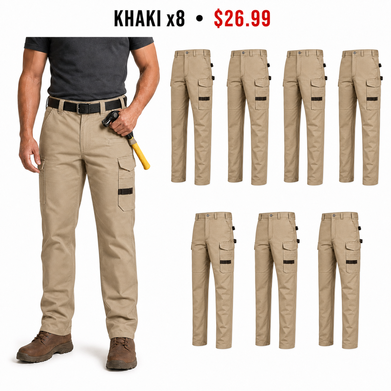Khaki x8 same-color work pants set showing exactly eight Khaki pants