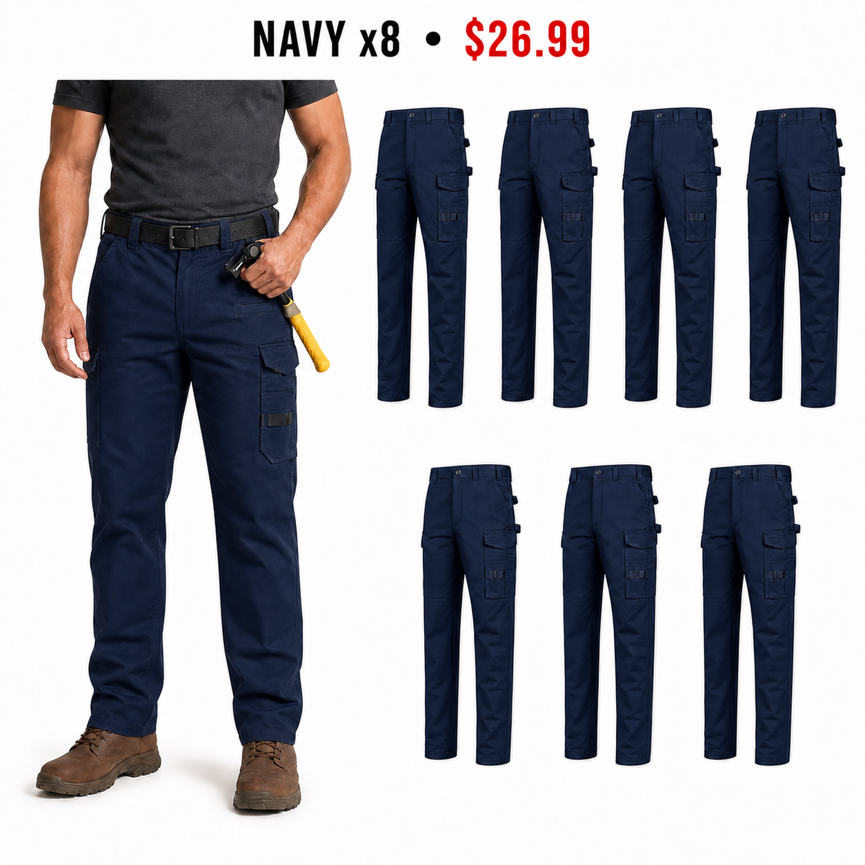 Navy x8 same-color work pants set showing exactly eight Navy pants
