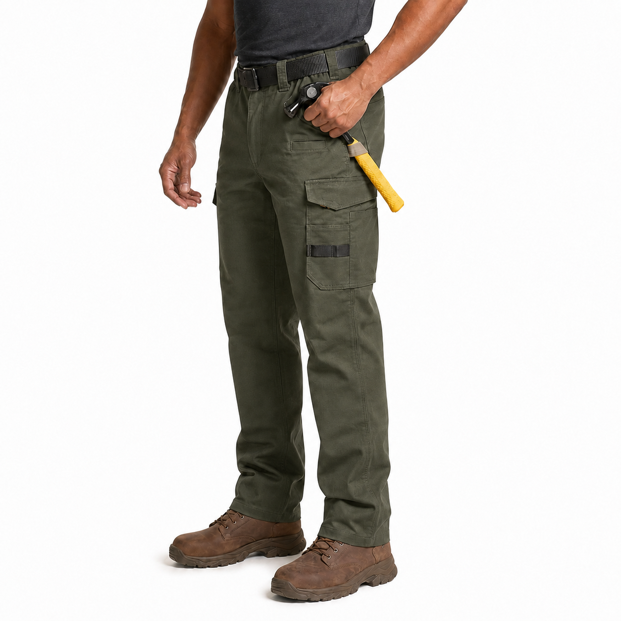 Olive Green multi-pocket work pants single-color model image
